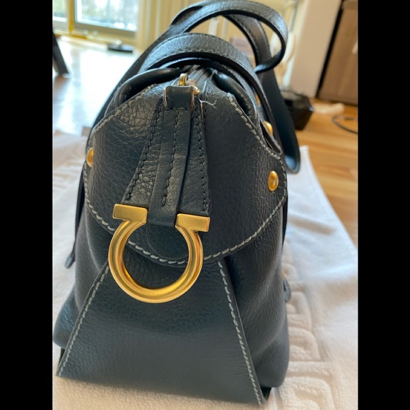 Authentic Ferragamo Blue Gancini Tote with Double Straps & Brushed Gold Hardware - Picture 5 of 13